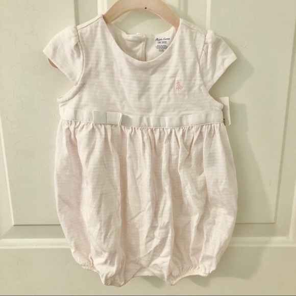 Polo Striped Bubble Romper Pink and White with Bow - Picture 2 of 7